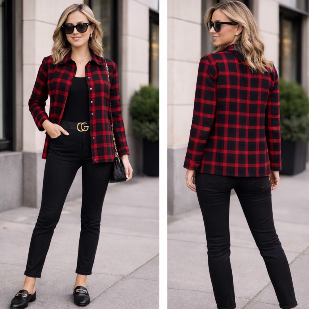 Christopher & Banks Black Red Metallic Plaid Button Jacket | Size M